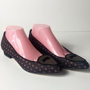 Jacques Levine Black Red Pattern Fabric Flats Bow Accent Pointed Toe Size 10